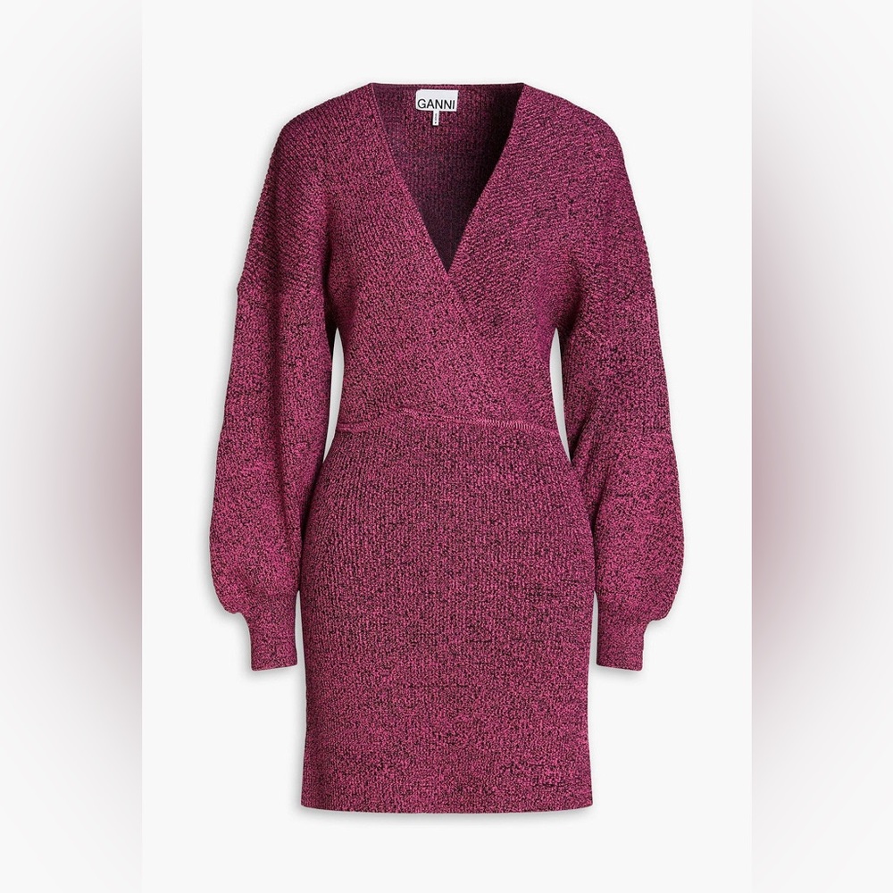 GANNI Melange Knit V-Neck Dress in Carmine Rose Size M - Picture 13 of 14